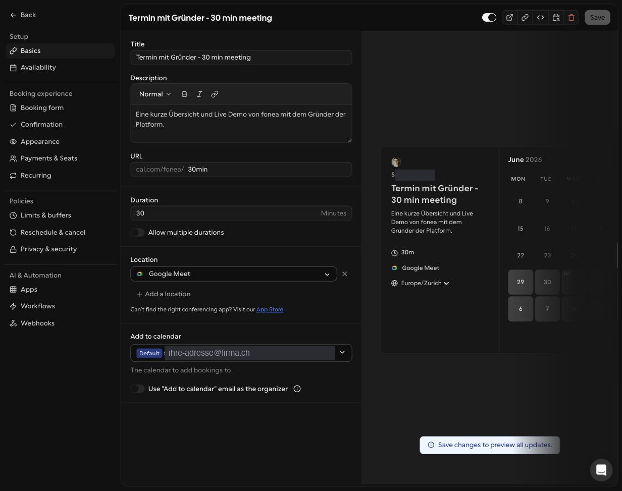 Appointment type, "Basics" tab: duration and "Allow multiple durations".
