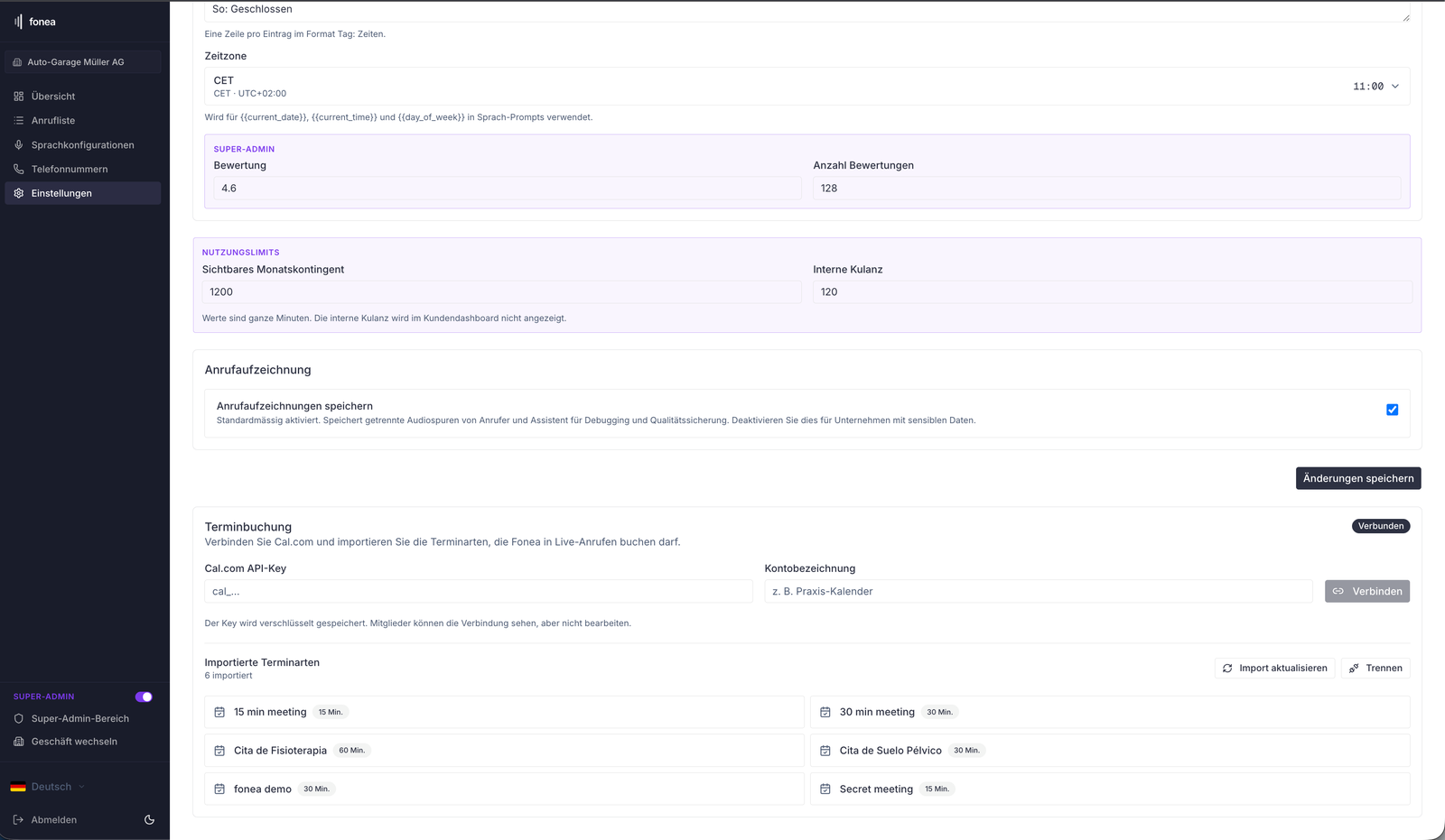rednea showing the appointment types imported from Cal.com.