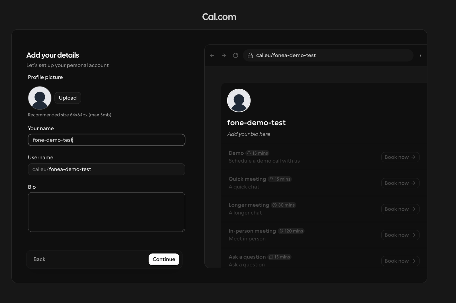 "Add your details" profile page with name and username.