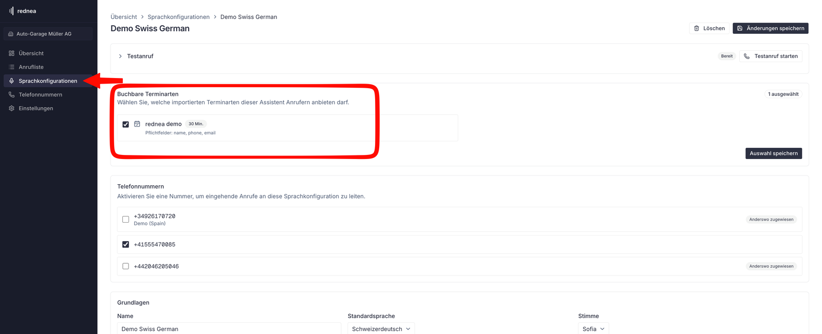 Configuración del asistente con el apartado de tipos de cita reservables y un tipo de cita seleccionado.